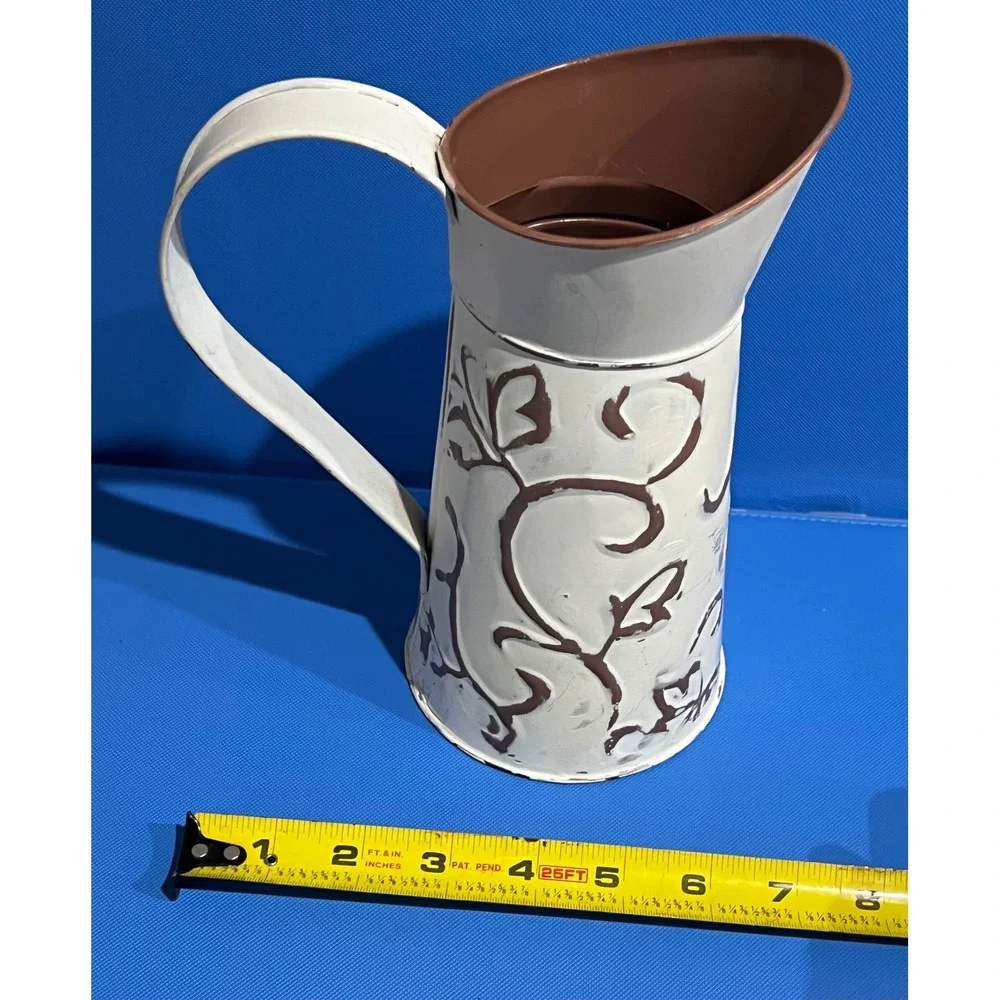 Hosley White Wash Metal Decorative Pitcher Farmhouse Embossed Scroll Vase